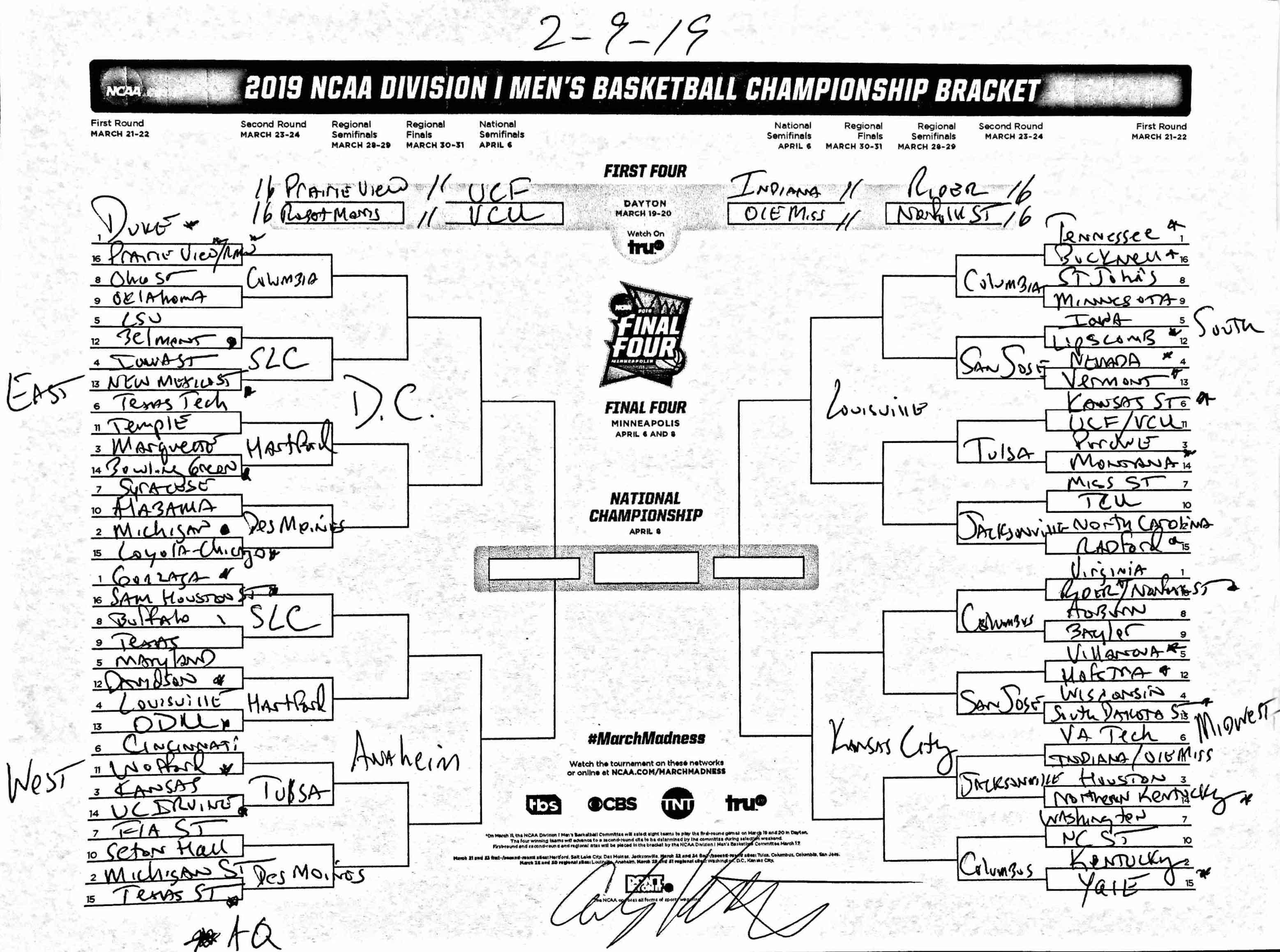Andy Katz filled out his predictions for the 2019 NCAA tournament