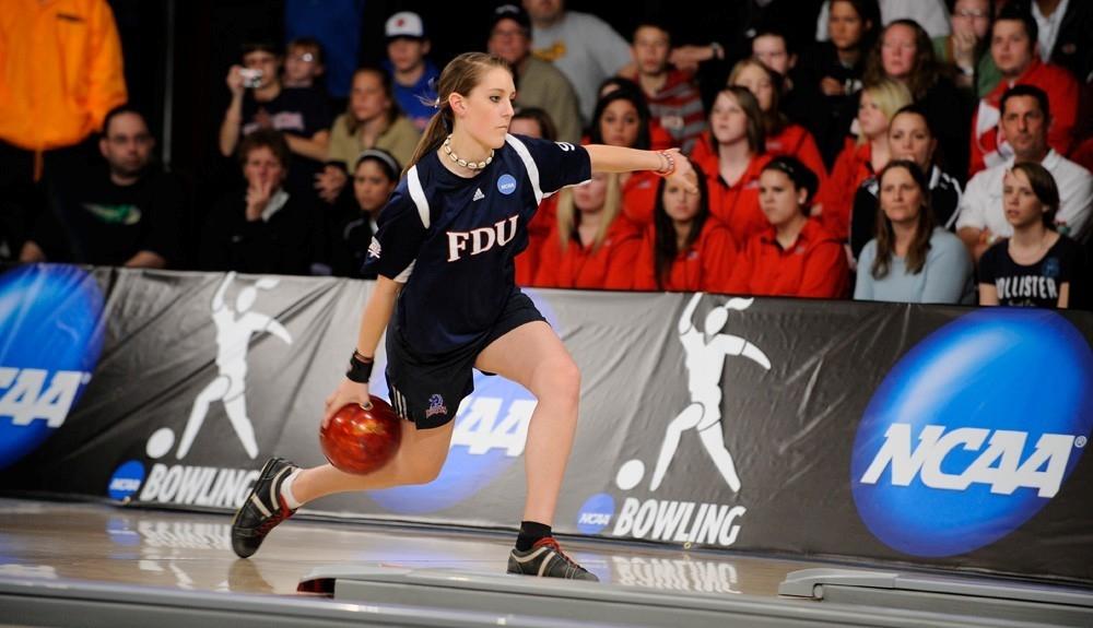 Danielle McEwan bowling at Fairleigh-Dickinson. 